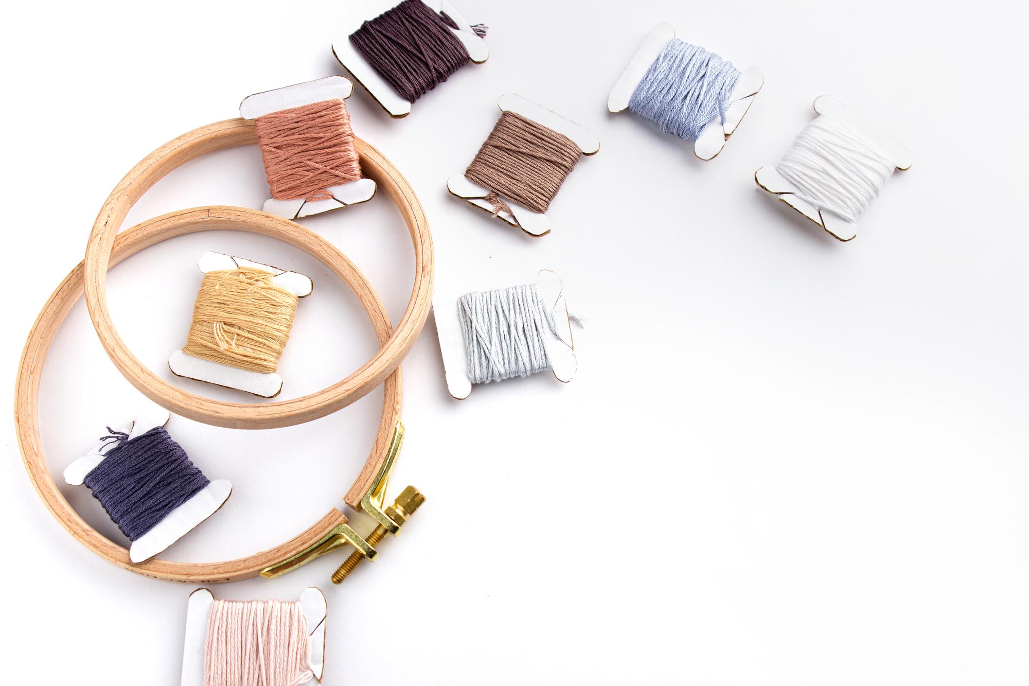 Assorted skeins of embroidery thread and tools